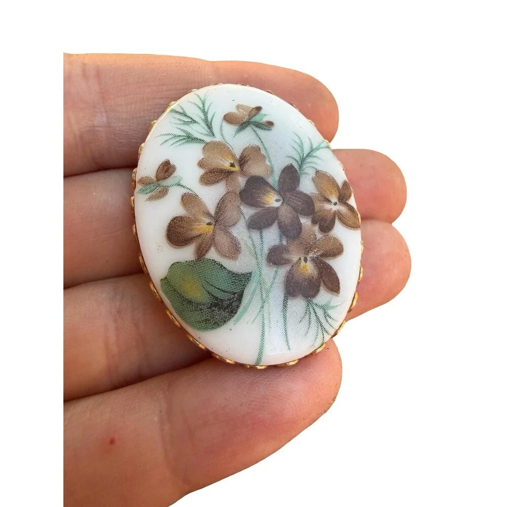 Vintage Brown Flower Oval Ceramic Brooch Floral Jewelry